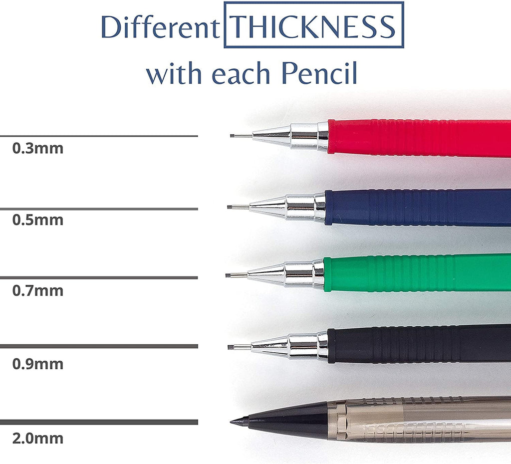 Mr. Pen Mechanical Pencil Set with Eraser Refills, 0.3mm, 0.5mm, 0.7mm, 0.9mm and 2mm, 5 Count