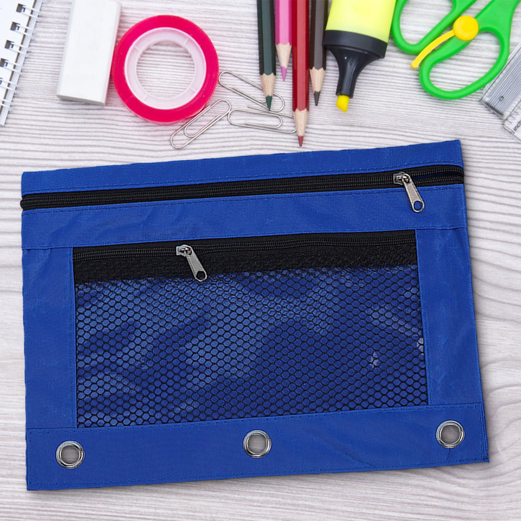 3-Ring Binder Zipper Pouch: Dual-Compartment Clear Window Pencil Case for Pens Cosmetics - 10" x 7.5" Office Travel Organizer(Blue)