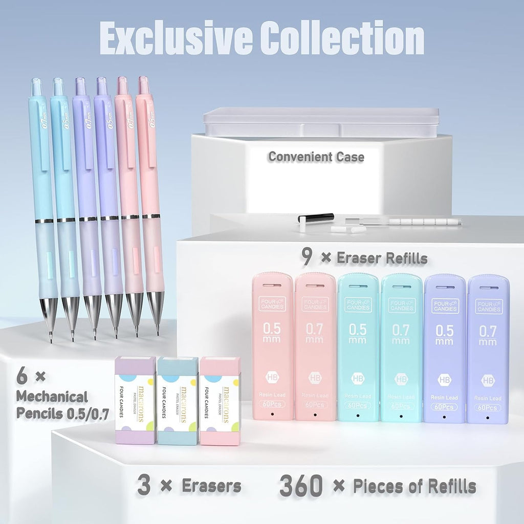 Four Candies Pastel Mechanical Pencil Set for Drawing & Writing,6PCS 0.5mm&0.7mm Mechanical Pencils with 360PCS HB Lead Refills, 3PCS Erasers and 9PCS Eraser Refills
