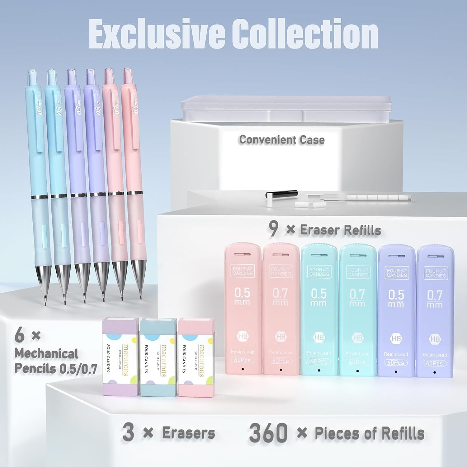 Four Candies Pastel Mechanical Pencil Set for Drawing & Writing,6PCS 0.5mm&0.7mm Mechanical Pencils with 360PCS HB Lead Refills, 3PCS Erasers and 9PCS Eraser Refills